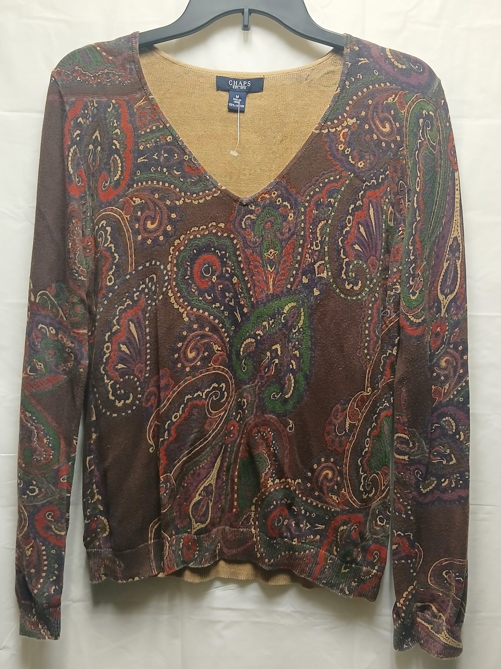 Chaps Women's Paisley V-Neck Sweater - Brown/Multi